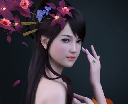 Princess - face, flower, pink, black, ruoxing zhang, girl, frumusete, fantasy, hand, princess, asian, luminos, woman