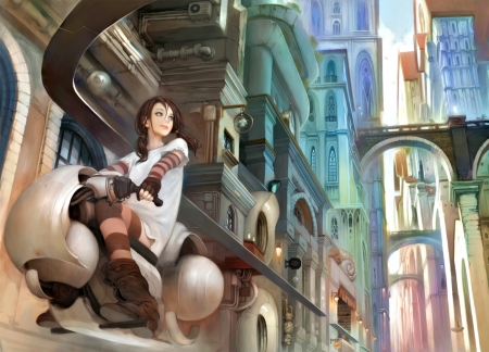 Fantasy girl - woman, street, girl, mujiha, motorcycle, fantasy, art, city, anime, manga