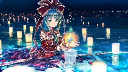 Kagiyama Hina - anime, water, blue, kagiyama hina, candle, girl, night, magical, manga, touhou, red, kurobuta gekkan, bow, luminos