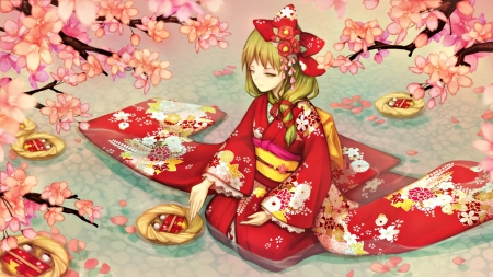 Kagiyama Hina - anime, sakura, kagiyama hina, spring, kimono, pink, echoes, manga, touhou, red, cassandratree