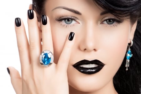 Beauty - woman, beauty, lips, girl, jewel, ring, black, model, face, hand, blue