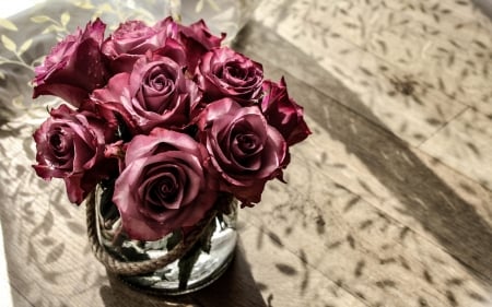 Roses - vase, boquet, rose, pink, glass