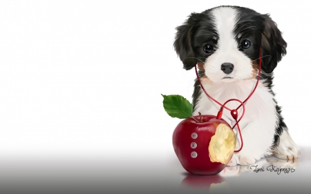 Puppy - lorri kajenna, dog, child, black, headphones, white, animal, red, cute, puppy, card, apple, art