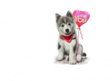 Funny husky - heart, balloon, lorri kajenna, dog, love, child, white, animal, funny husky, red, valentine, puppy, card, art