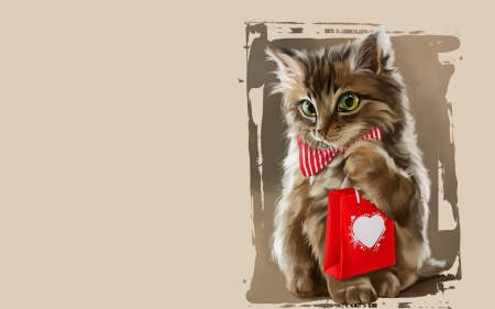 Happy Valentine's Day! - heart, lorri kajenna, cat, pisica, animal, red, valentine, cute, card, art