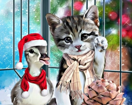 Friends - paw, duck, craciun, hat, cat, funny, pisica, kitten, christmas, santa, luminos, red, blue, lorri kajenna, friends, cute