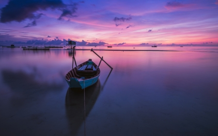 Purple sunset - water, pink, purple, boat