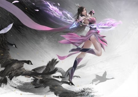 Fantasy Archer - pretty, female, dress, long hair, purple, fantasy woman, art, abstract, archer, beautiful, beauty, lovely, sweet, arrow, fantasy, lady, woman, black hair, cute, ducks, bow