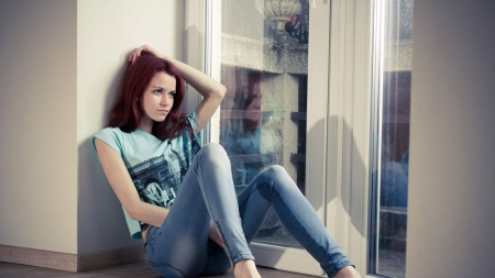 redhead beauty - girl, reflection, redhead, window