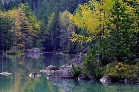 Lake at Autumn - trees, rocks, water, colors