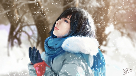 Winter day - winter, blue, snow, girl, fantasy, white, scarf, hand, woman, art, luminos, gloves