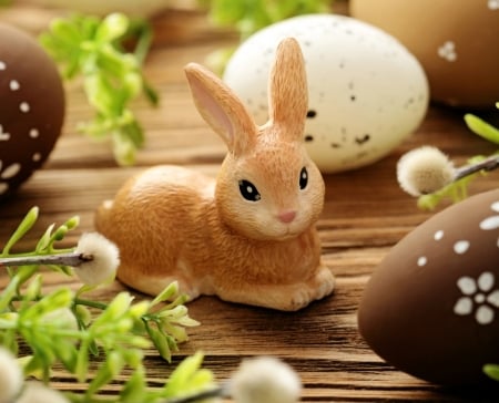 Happy Easter! - easter, green, wood, figurine, chocolate, egg, card, bunny