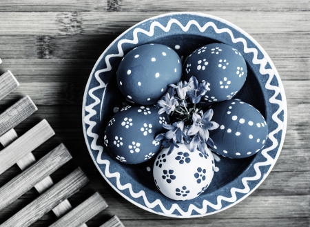 Happy Easter! - easter, grey, white, blue, wood, egg, card