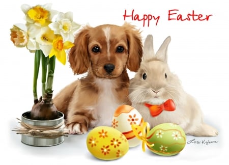 Happy Easter! - flower, animal, lorri kajenna, puppy, egg, yellow, easter, white, card, rabbit, orange, daffodils, bunny, dog