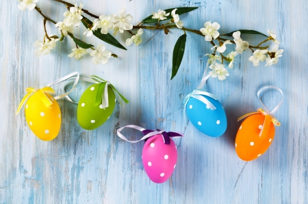 Happy Easter! - yellow, blue, wood, spring, flower, pink, orange, easter, colorful, rainbow, green, egg, card