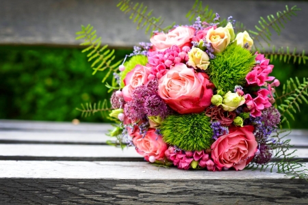 Spring bouquet - pretty, roses, beautiful, spring, lovely, freshness, bouquet, flowers, bench