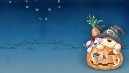 Happy Halloween! - hat, puppy, pumpkin, toy, night, child, halloween, witch, blue, card, orange, carrot, teddy bear, cute, demon