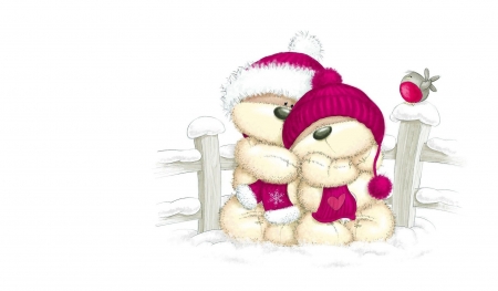 Happy winter! - child, winter, pink, love, white, toy, card, teddy bear, hat, couple, snow