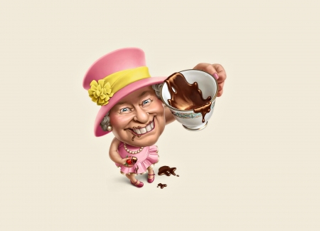 The Queen - hat, the queen, strawberry, yellow, chocolate, creative, pink, oscar ramos, smile, funny, woman, fruit, cup