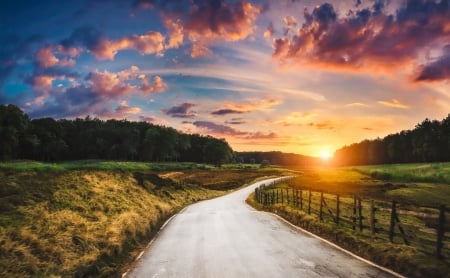 Sunset - clouds, sunset, nature, road, sky