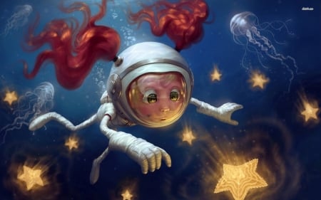 little redhead diver chasing glowing stars - jellyfish, redhead, star, diver