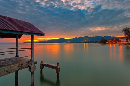 Lakeside Sunset - clouds, hills, colors, sky, pier