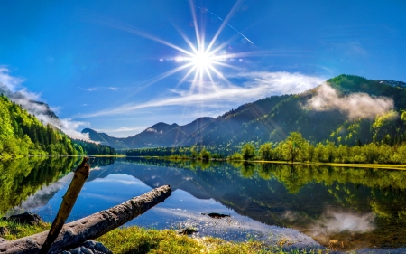 Sun Over the Lake Mountain - lake, forest, clouds, trees, nature, mountain, sun