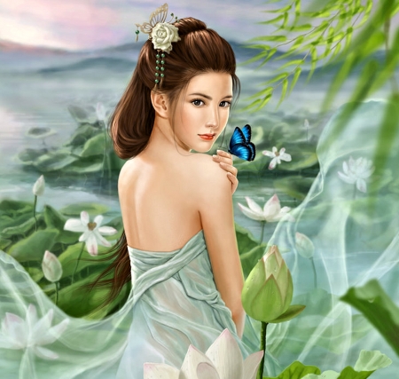 Morning Lotus - woman, lotus, pretty, asian