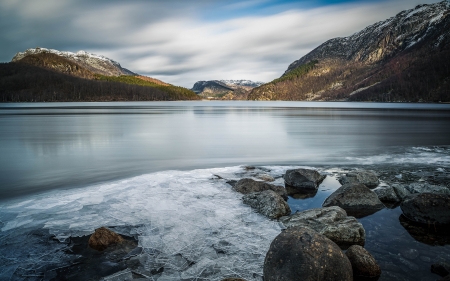 Lake - lake, rocks, water, tree, ocean, nature, mountain