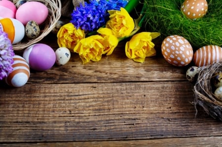 Happy easter! - eggs, flowers, easter, basket, hyacinths, tulips, nest