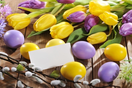 Happy easter! - eggs, flowers, easter, tulips, purple