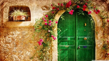 old house - stone, house, flower, green door