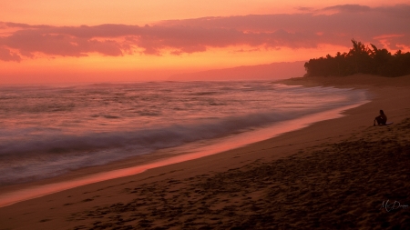 Watching Sunset - sand, sky, surfer, beach, sunset, relaxation