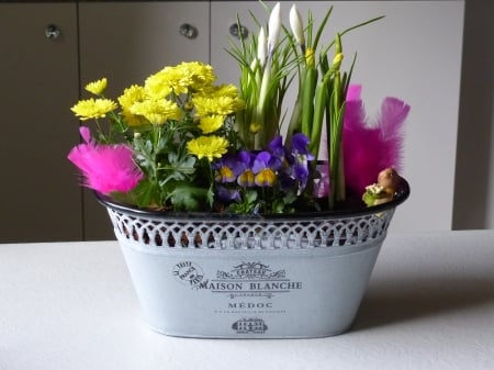 Happy Easter - rabbit, feathers, arrangement, easter, table, colors, flowers, pot