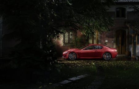 Red Car - house, trees, car, ride, dark