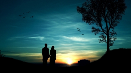 Looking at the Sunset - sunset, woman, couple, man, shadow, sky