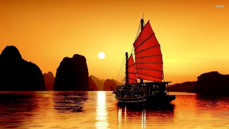 sailing in the sunset - rock, sunset, ocean, boat