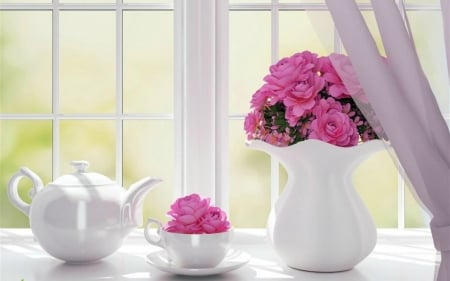 Still Life - flowers, still life, tea pot, window