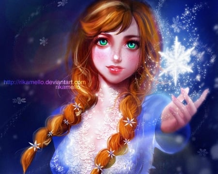 Princess Anna - winter, snowflake, frozen, fanart, girl, anna, redhead, blue, art, fantasy, movie, rikamello, princess, luminos, disney