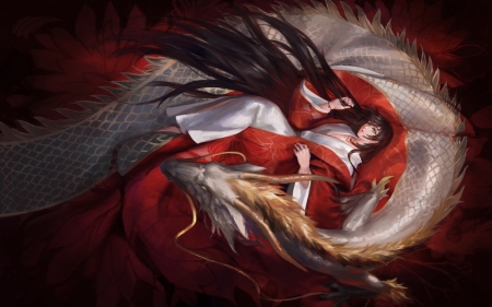 Girl and dragon - anime, girl, pixiv fantasia, manga, fantasy, white, dragon, red, woman, luminos