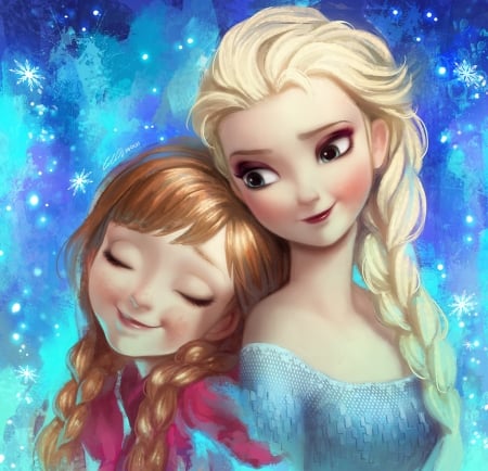 Anna and Elsa - princess, anna, redhead, movie, snow queen, fantasy, art, luminos, frozen, sister, couple, girl, winter, angju, elsa, blue, disney, blonde