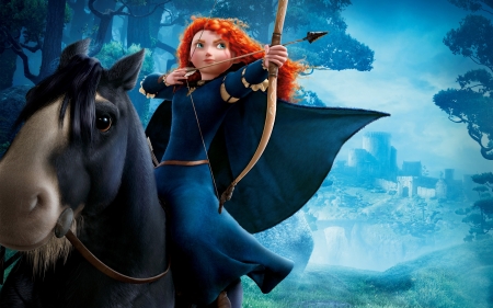 Brave (2012) - princess, redhead, girl, merida, brave, fantasy, archer, horse, luminos, blue, disney, orange, arrow