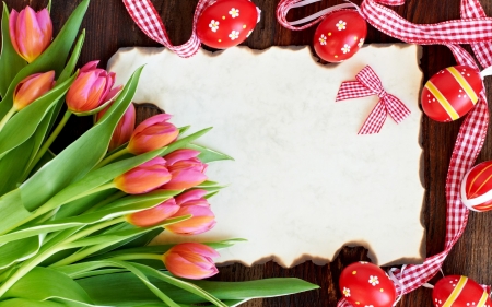 Happy Easter! - spring, flower, pink, tulip, easter, white, red, green, ribbon, egg, card, dot