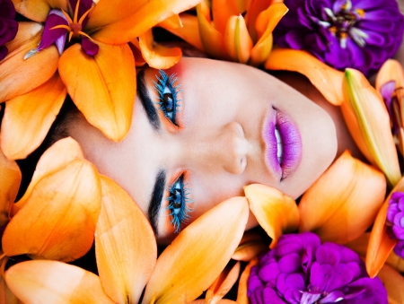 Beauty - girl, beauty, flower, pink, orange, lips, purple, woman, model, face