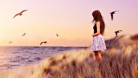 Girl and sea - girl, sea, grass, nature