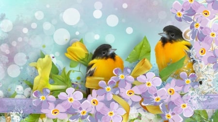 Yellow Spring Birds - flowers, bokeh, Firefox Pesona theme, birds, summer, garden, ribbon, spring