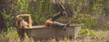 Cowgirl In A Bathtub - tub, cowgirl, bathtub, boots, brunette