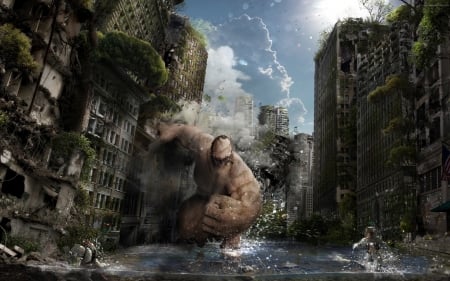 creature destroying the city - city, building, street, creature