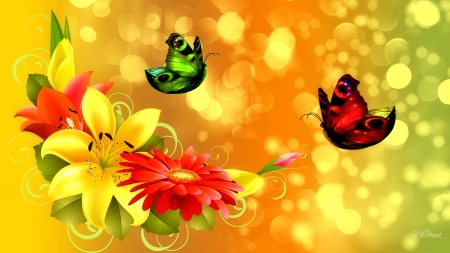 Butterflies and Flowers - art, butterfly, flowers, pretty