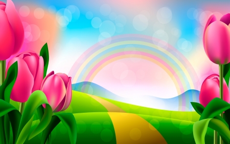 Happy spring! - yellow, rainbow, green, spring, card, flower, pink, tulip